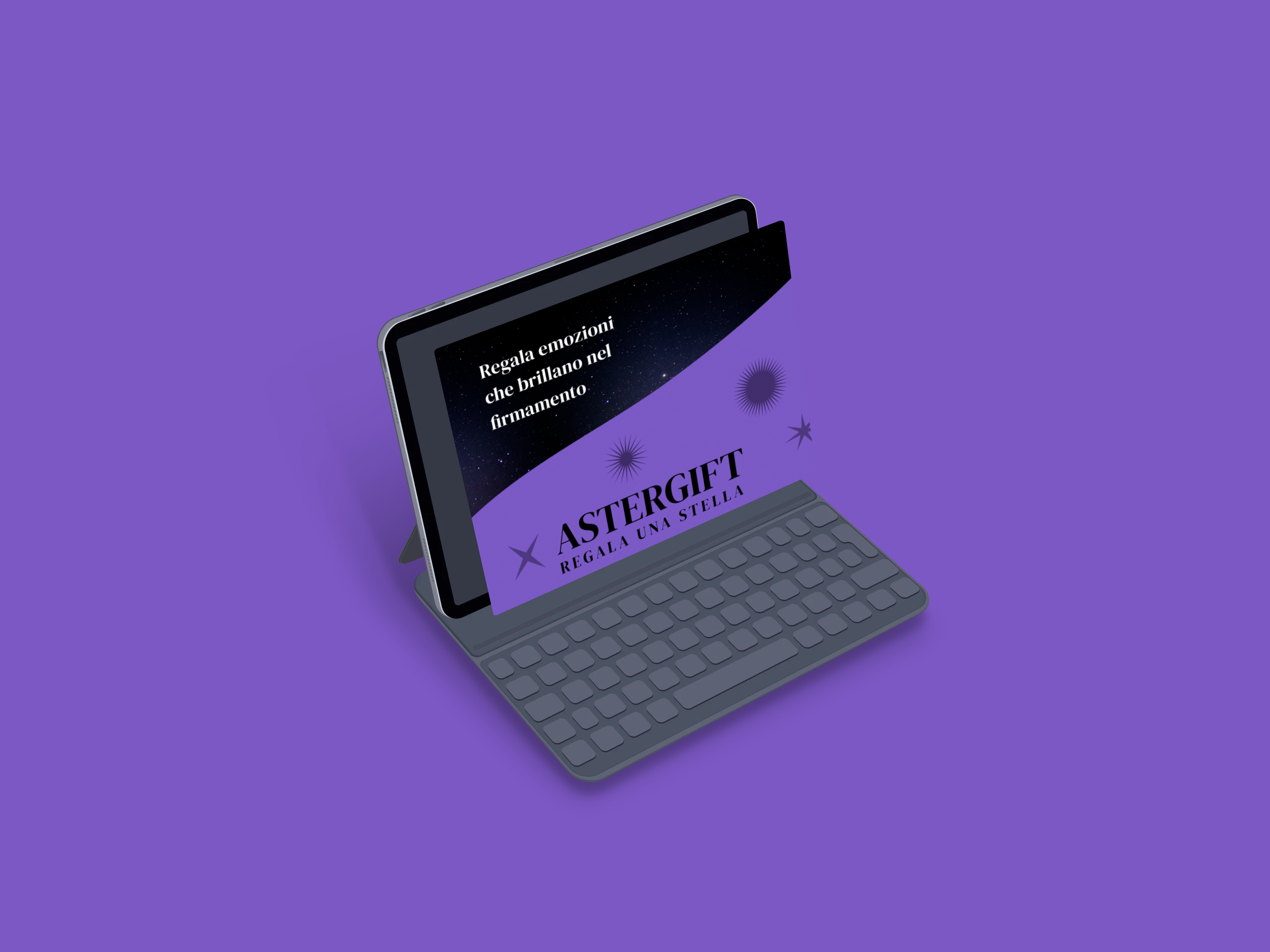 Mockup di tablet con composizione AsterGift viola e cielo stellato