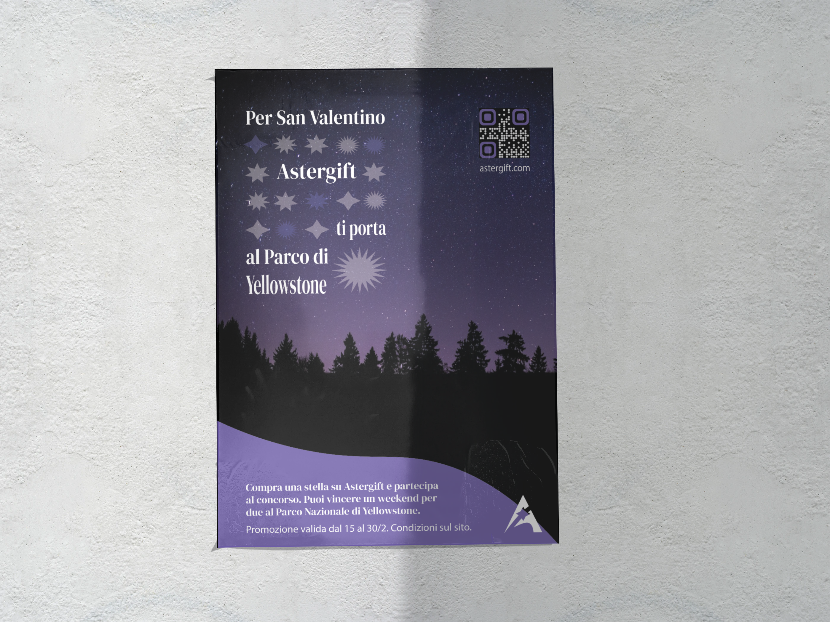 Mockup di manifesto AsterGift con cielo stellato e fascia viola