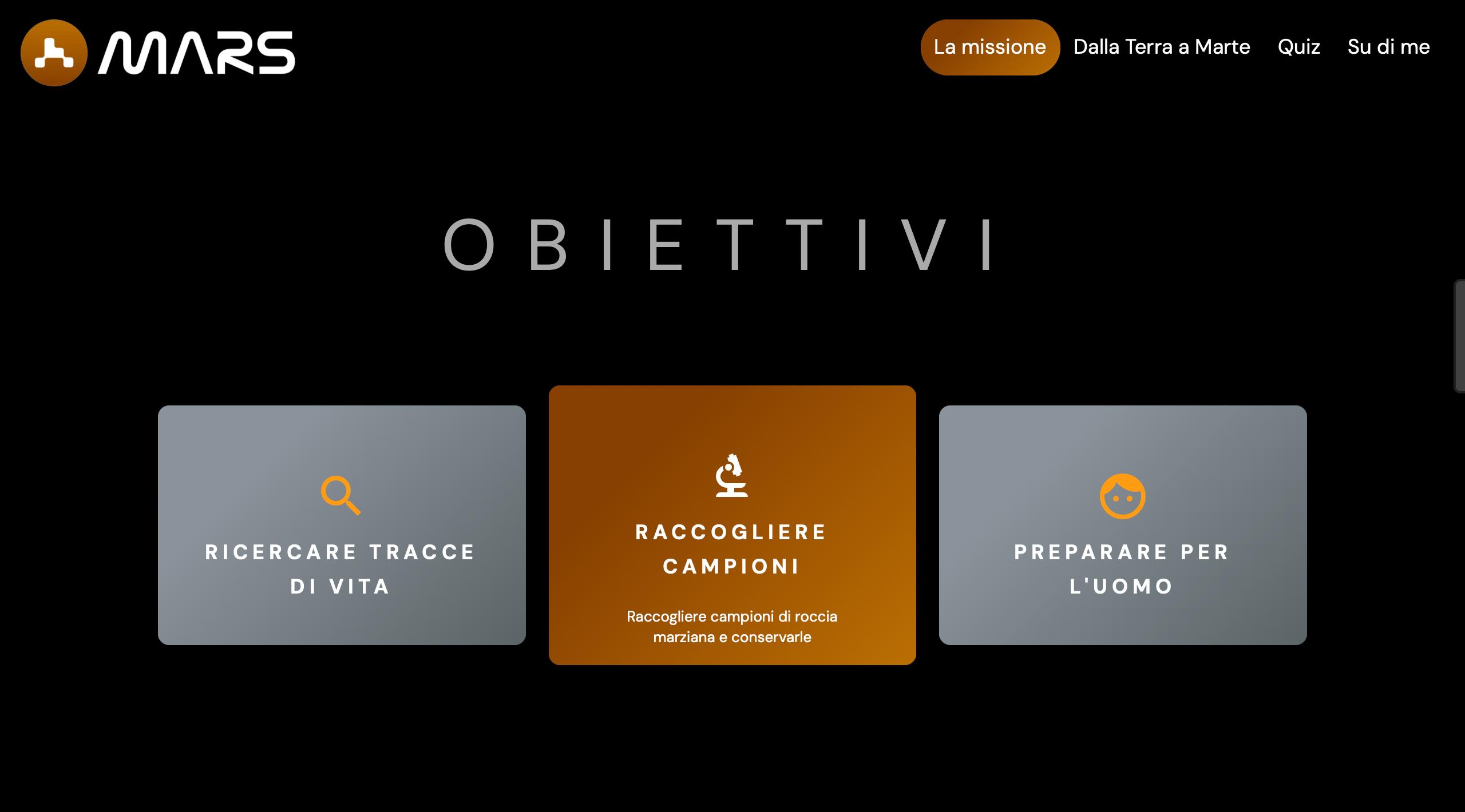 Tre schede dedicate agli obiettivi della missione di Perseverance